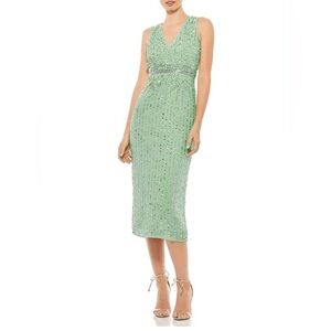 NEW Mac Duggal Sequin V-Neck Sleeveless Midi Dress – Sage – Size 8 (Style 70267)